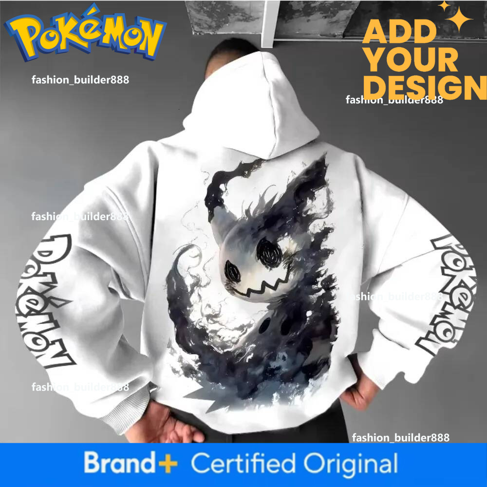 Mimikyu Graphic Print Oversized Cotton Blend Hoodie, Men's Long Sleeve Anime Hooded Sweatshirt, Casual Daily Outfit, O-Neck Pullover - view 4