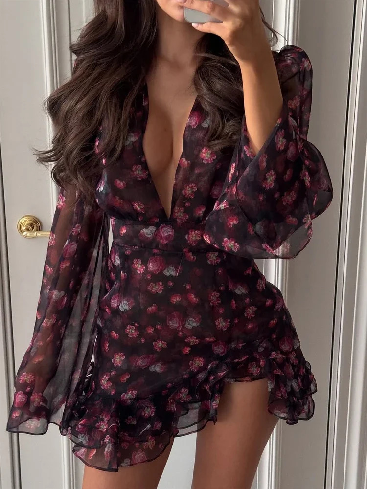 Vintage Flora Printed Dress Deep V Neck Tierred Purple Long Sleeves Ruffle 2026 Summer Women Slim Sexy Chiffon Cool Mini 260421