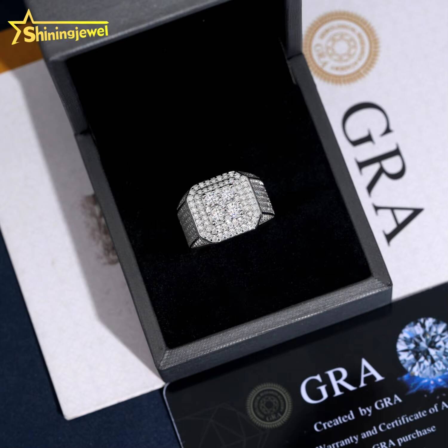 Affordable Square Front Top Ring Pass Diamond Tester Hip Hop Jewelry 925 Silver Fully Iced Round Diamond Moissanite Men Ring