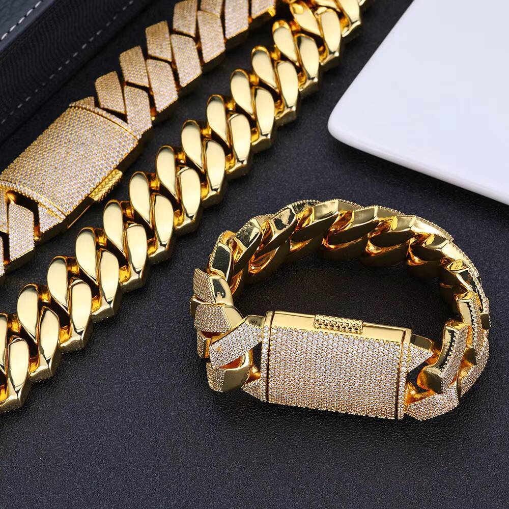 Hip Hop 25mm Chunky Cuban Chain Bracelet Full Iced Fine Jewelry Gold Plated Diamond Prong Cuban Bracelets for Men and Women
