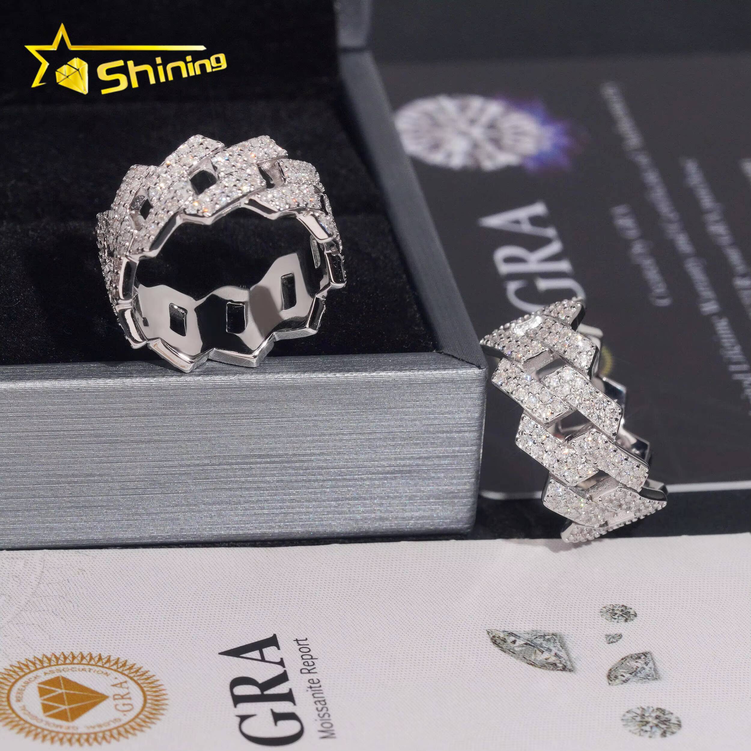 US Warehouse Pass Diamond Tester High Quality 925 Silver Fine Jewelry Fully Iced Out Hip Hop Ring Moissanite Men Cuban Ring