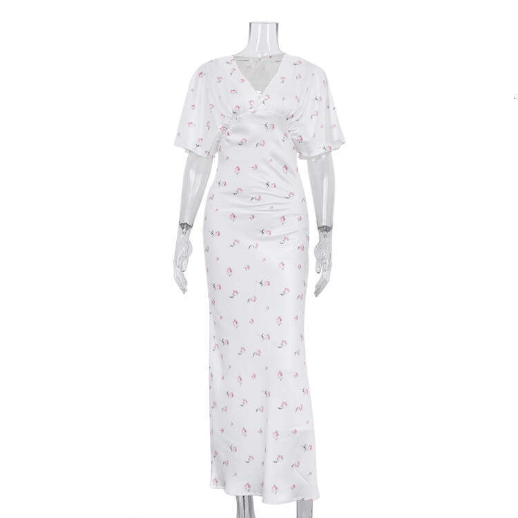 European American Women V Neck Bodycon Dress, Spring Summer New Printed Long Dress, High Waist Short Sleeve, Elegant Casual Streetwear Sundress MAKOUF