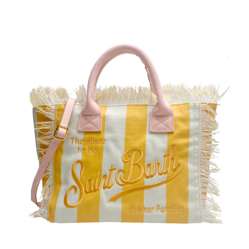 Fashionable Embroidered Letter Tassel Canvas Handbag Summer Beach Womens Bag Large Capacity Commuting Handbag Shopping Bag 240907