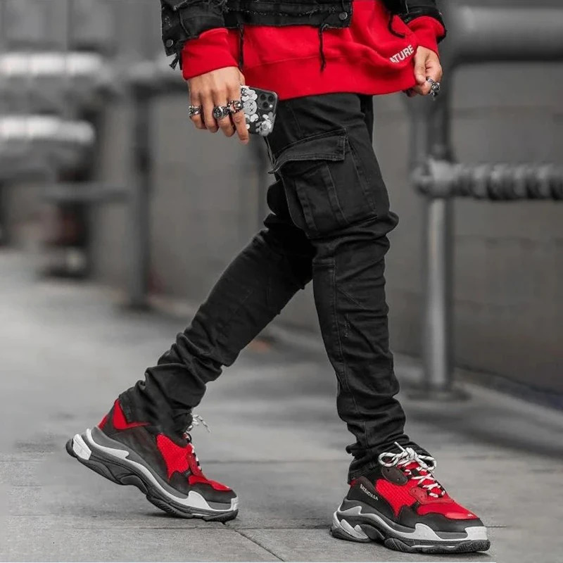 Men Street Elastic Denim Jeans Wash Solid Color Multi Pockets Cargo Pants Casual Slim Fit Daily Wear Joggers Mid Waist Trousers 260422