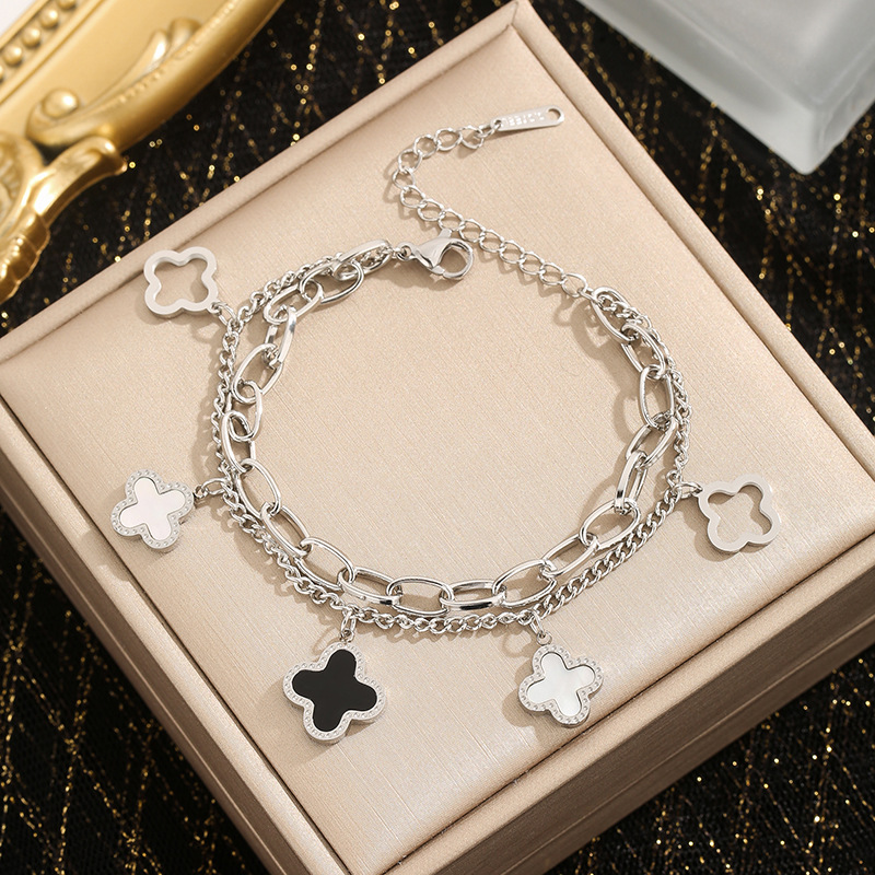 Ladies Luxury Designer Four Leaf Clover Double Layer Bracelet 18K Gold Silver Plated Agate Diamond Fashion Charm Chain Wedding Party Original Gift