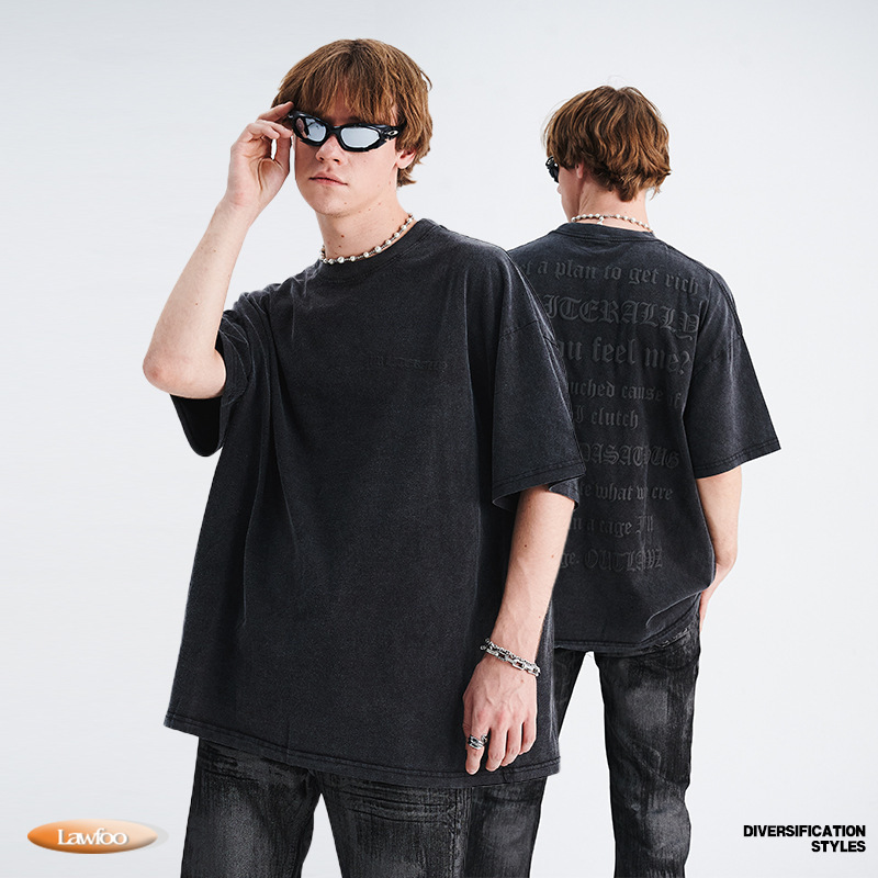 LawFoo Original Summer New Men's Fashion Brand Washed Gothic Letter Foam Print Short Sleeve T-Shirt for Men