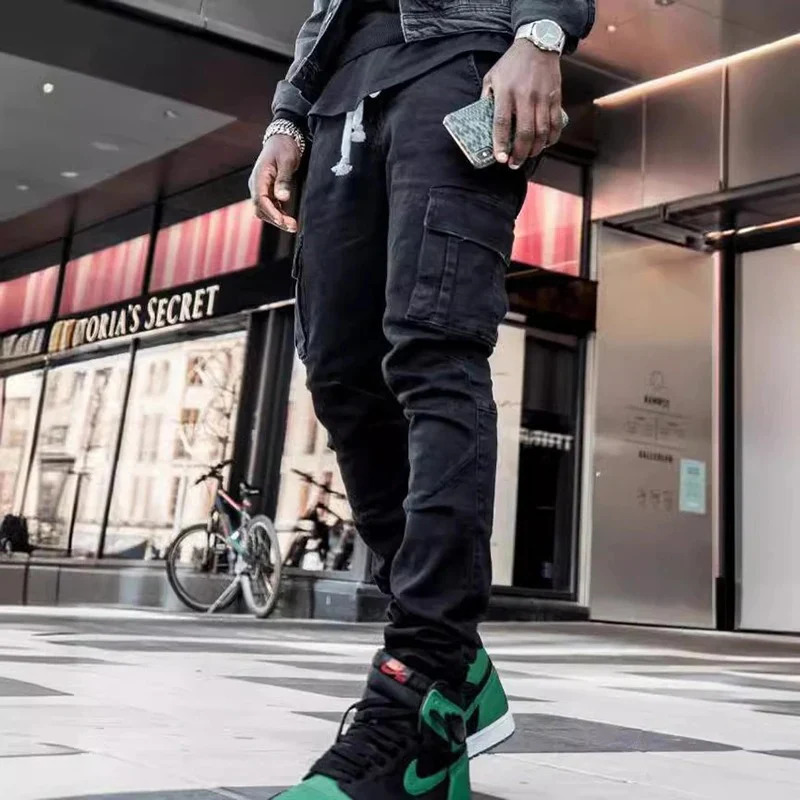 Men Street Elastic Denim Jeans Wash Solid Color Multi Pockets Cargo Pants Casual Slim Fit Daily Wear Joggers Mid Waist Trousers 260422