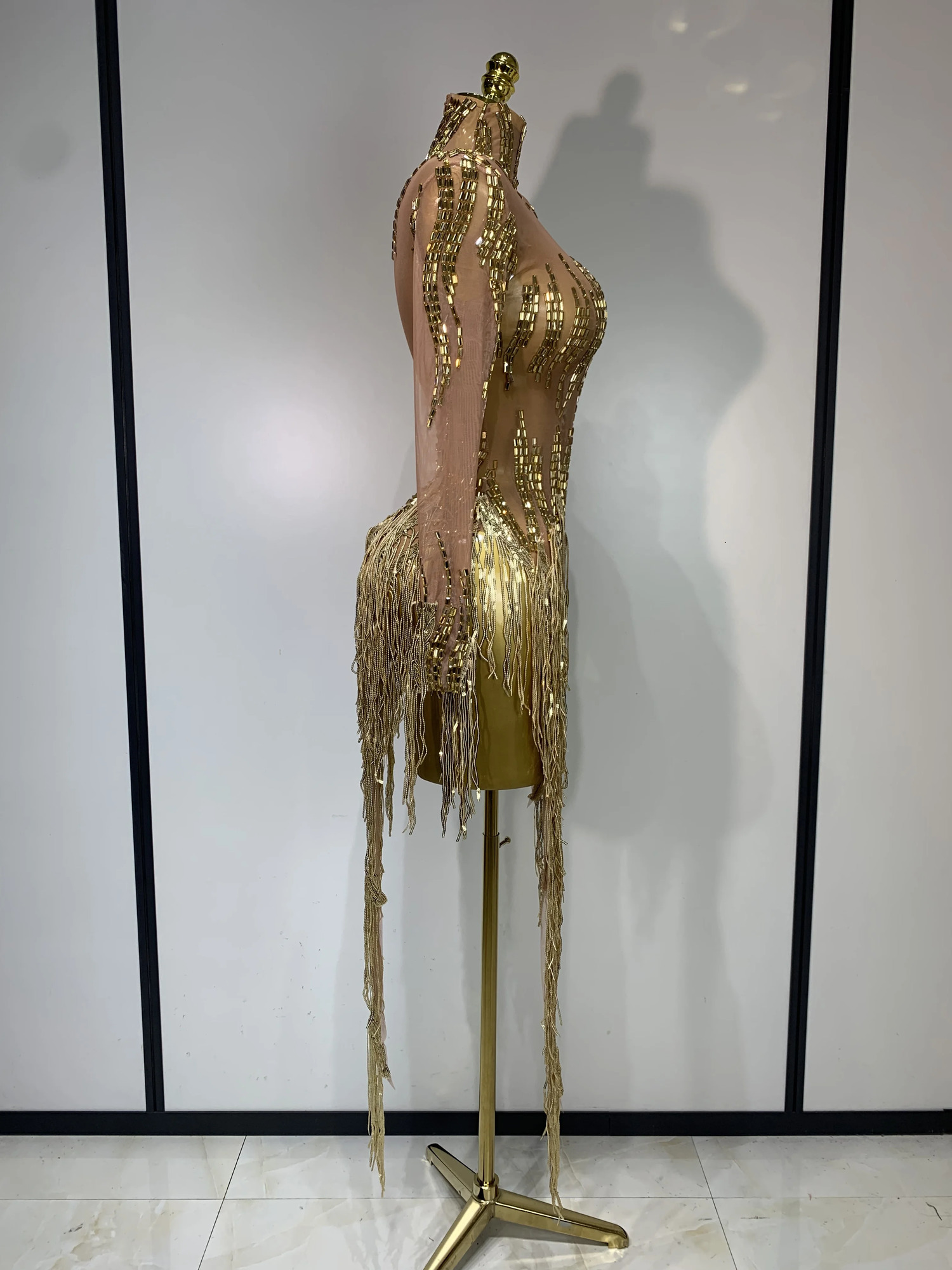 Sexy Stage Costume Sparkly Rhinestone Golden Tassel Mesh Dress Evening Party Birthday Nightclub Bar DJ Dancer Outfit 260420 - view 4