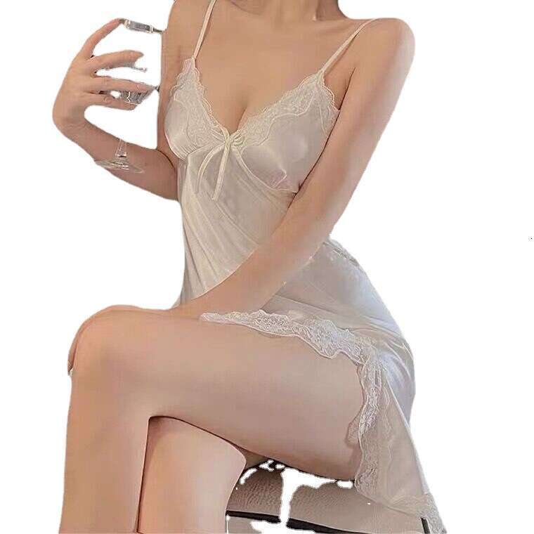White Satin Lace Chemise Nightgown - Elegant V-Neck Slip Dress with Adjustable Straps & Sheer Trim for Women