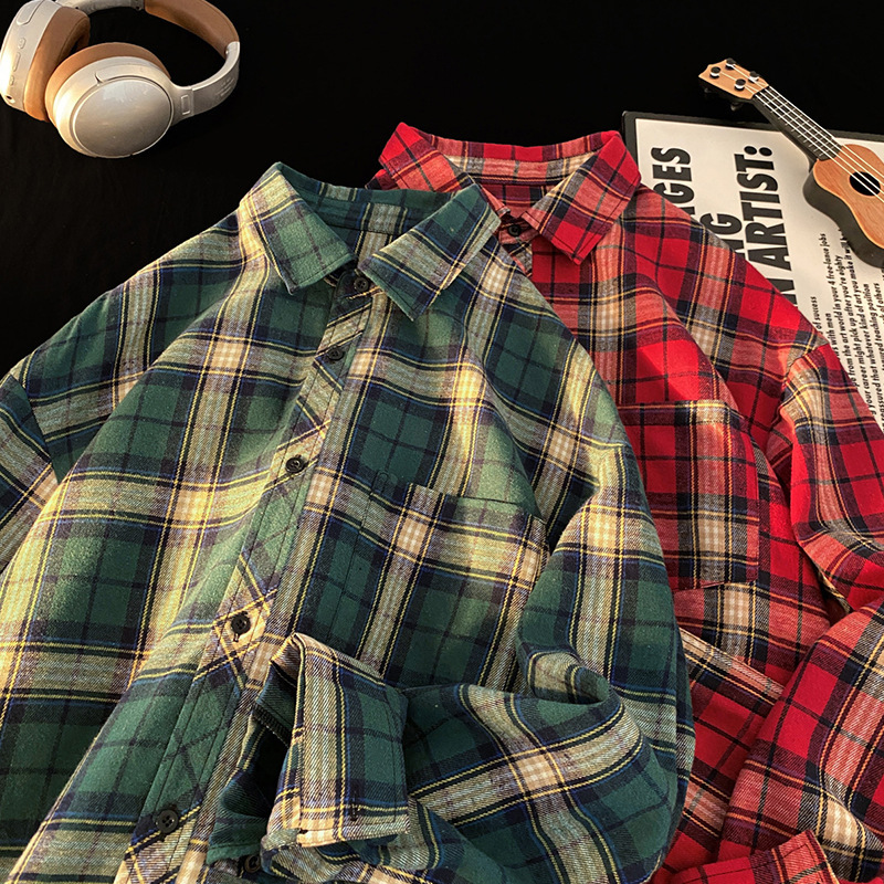 Men's Oversized Plaid Flannel Shirt, Long-Sleeve Casual Shirt Jacket with Flare Sleeves, Lycra Fabric, V-Neck, Covered Buttons, Multicolor Pattern, Ca - view 5