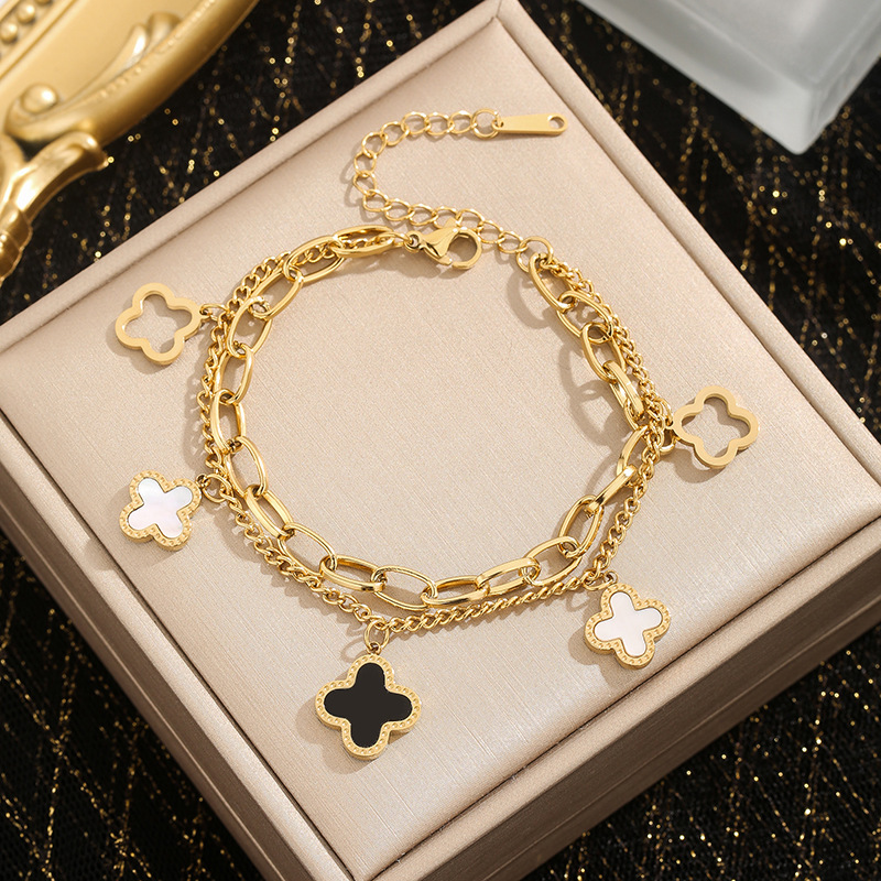 Ladies Luxury Designer Four Leaf Clover Double Layer Bracelet 18K Gold Silver Plated Agate Diamond Fashion Charm Chain Wedding Party Original Gift