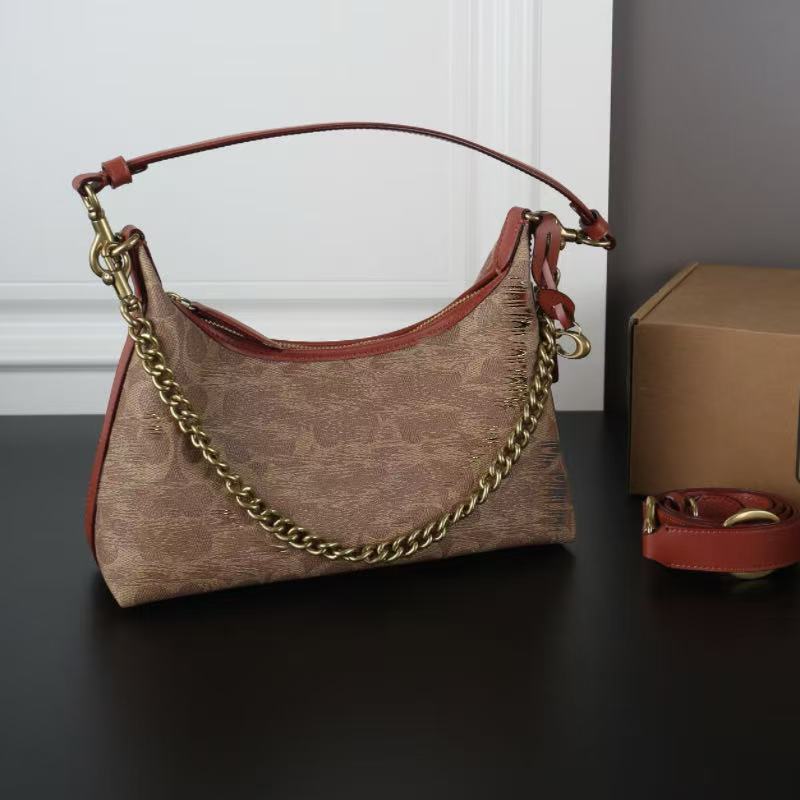 Genuine Leather Vintage Pattern Chain Shoulder Bag High Quality Luxury Style Women Crossbody Bag Large Capacity Retro Hobo Handbag