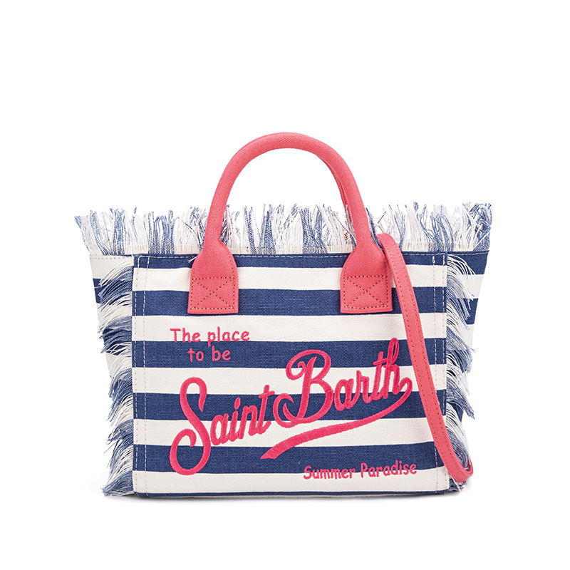 Fashionable Embroidered Letter Tassel Canvas Handbag Summer Beach Womens Bag Large Capacity Commuting Handbag Shopping Bag 240907
