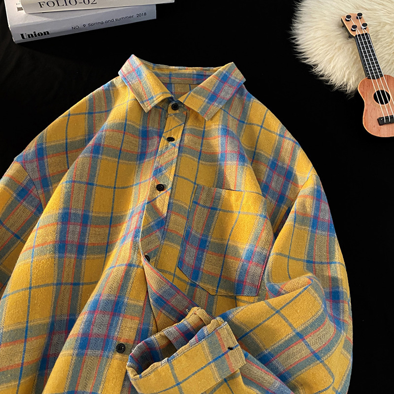 Men's Oversized Plaid Flannel Shirt, Long-Sleeve Casual Shirt Jacket with Flare Sleeves, Lycra Fabric, V-Neck, Covered Buttons, Multicolor Pattern, Ca - view 8