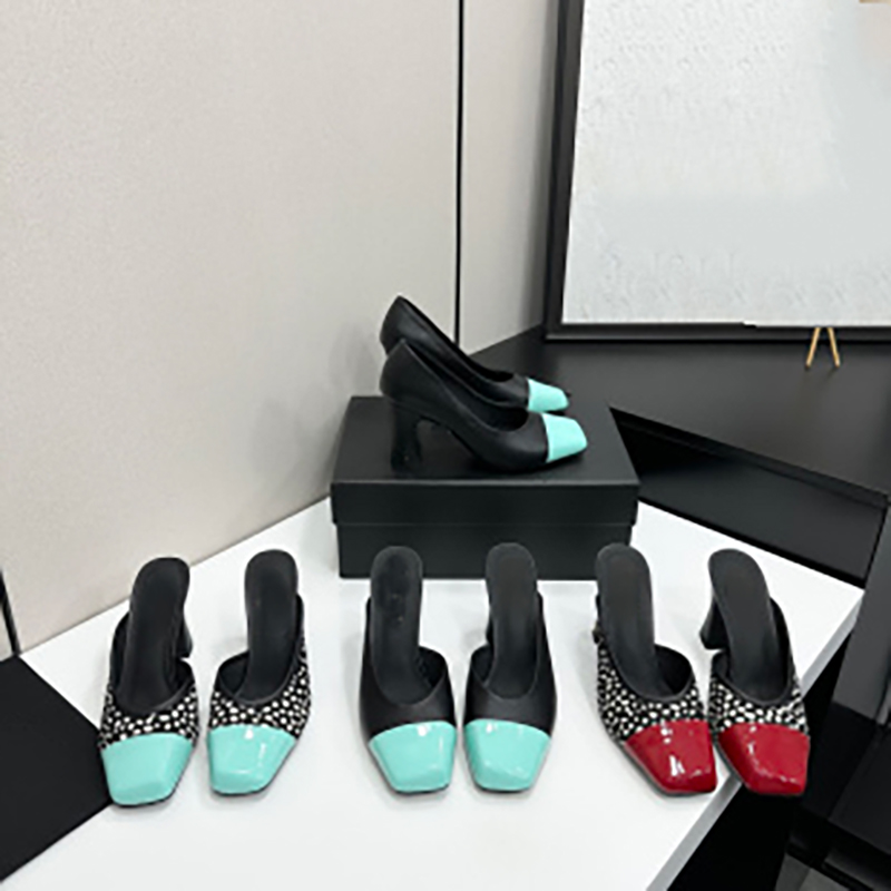 Summer New Versatile Collection must-have for spring and summer wardrobe matching classic double C square toe color blocked high-heeled slippers sizes 35-41 with box