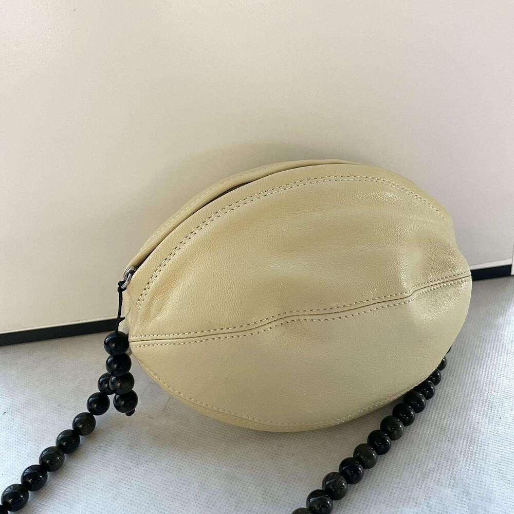 Women Niche Sheepskin Underarm Shoulder Bag, Luxury Beaded Chain Ball Design, Genuine Leather Football Shaped Handbag, Fashion Daily Streetwear Purse 