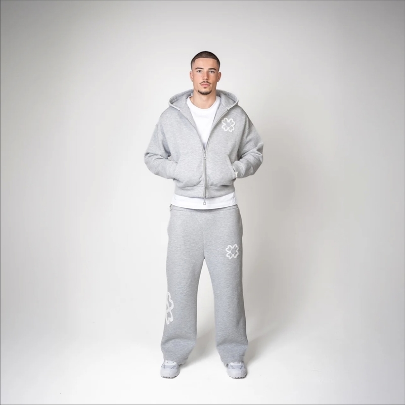 Mens Y2K Oversized Streetwear Tracksuit Set, Acrylic Zip-Up Hoodie with Four-Leaf Clover Graphic, Multi-Color Green and Grey Two-Piece Clover Zip Hood - view 6