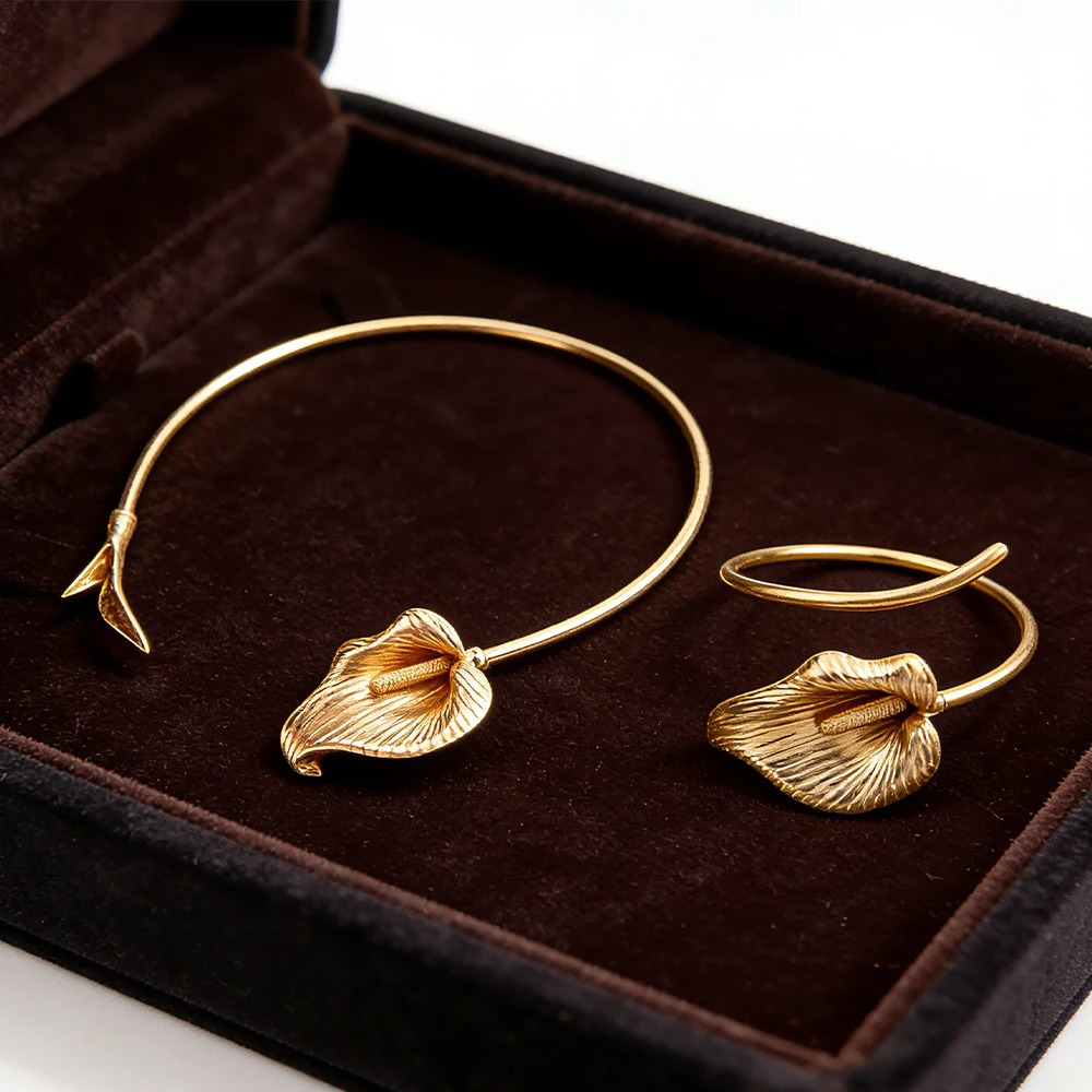 Gold-Tone Calla Lily Jewelry Set - Open Cuff Choker Adjustable Ring Bracelet - Floral Botanical Statement Accessory for Women 260421