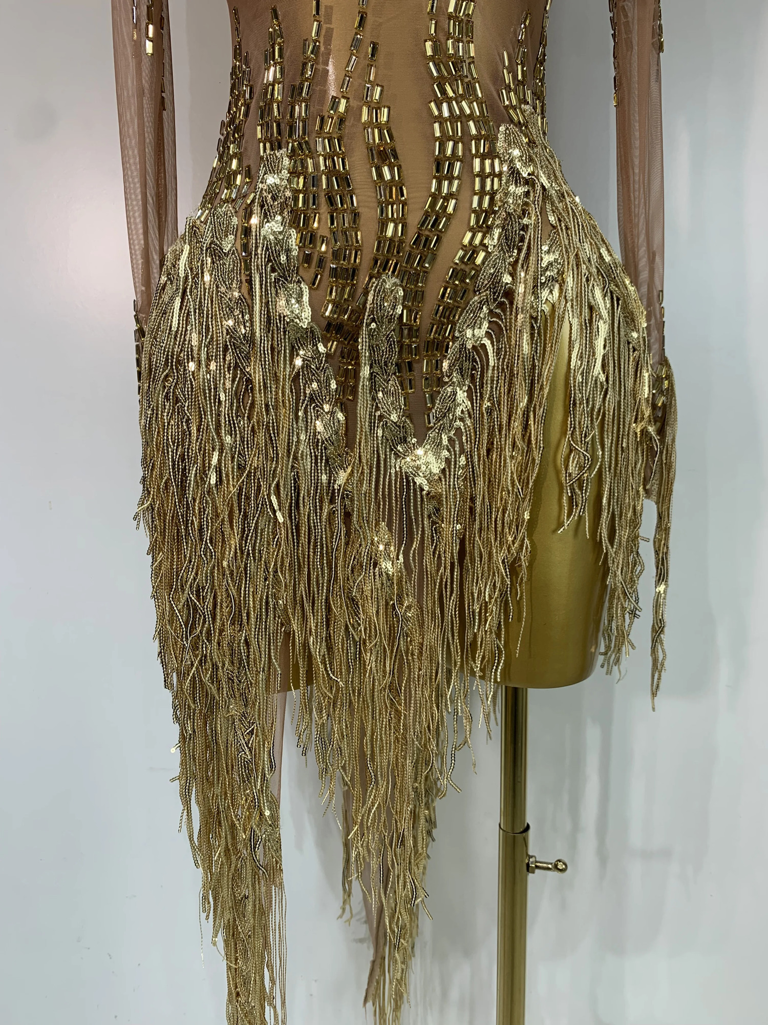 Sexy Stage Costume Sparkly Rhinestone Golden Tassel Mesh Dress Evening Party Birthday Nightclub Bar DJ Dancer Outfit 260420 - view 7