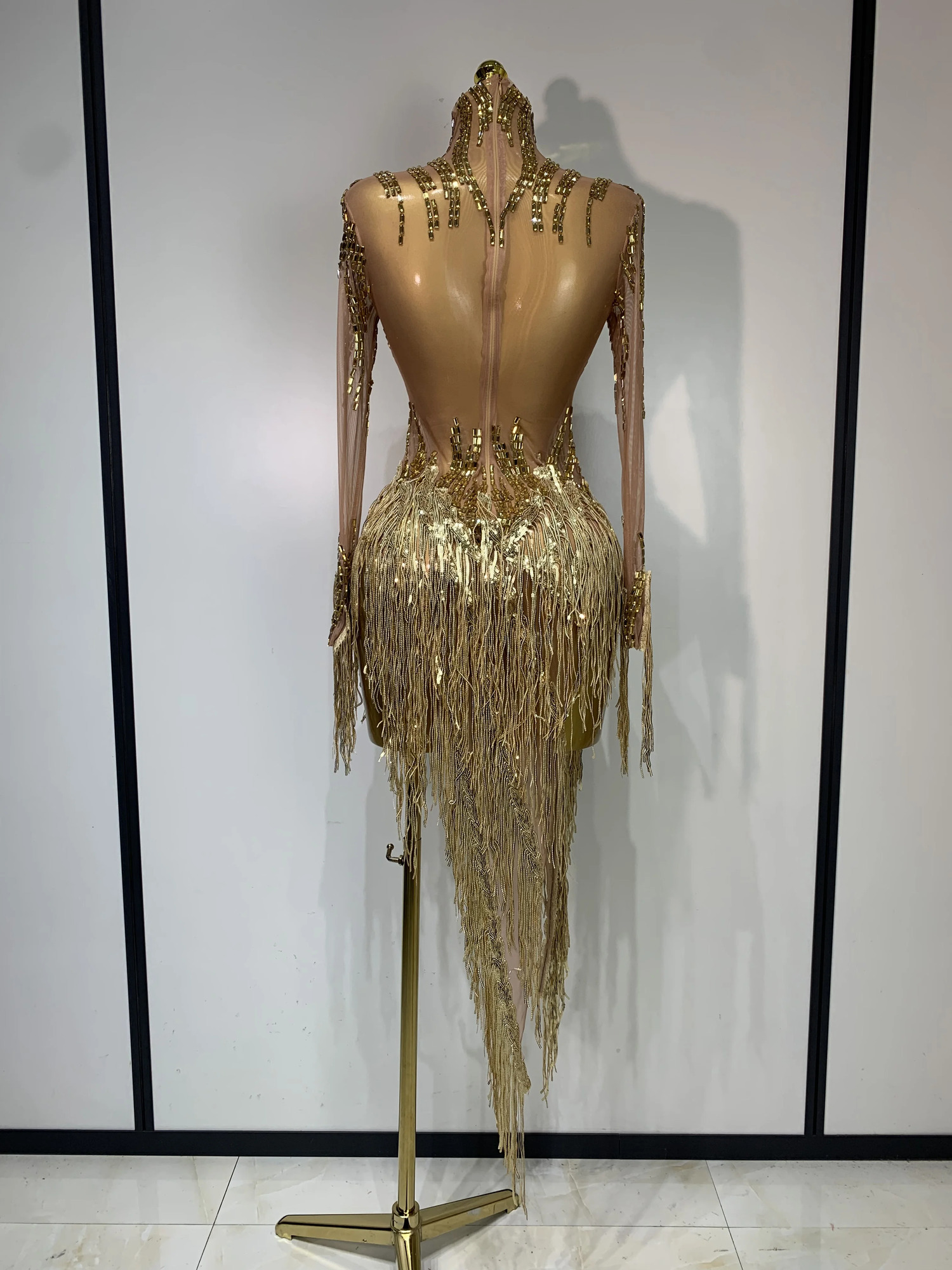 Sexy Stage Costume Sparkly Rhinestone Golden Tassel Mesh Dress Evening Party Birthday Nightclub Bar DJ Dancer Outfit 260420 - view 5