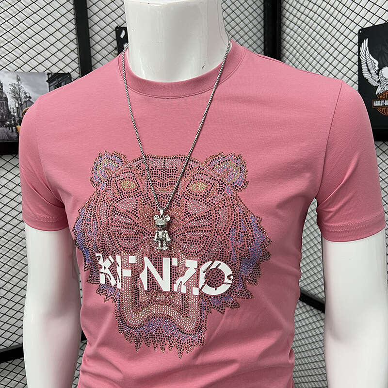 Heavy-Duty Colorful Rhinestone Tiger Head Short-Sleeve T-Shirt, New Summer Product, Personalized, Stylish, Slim-Fit, Round-Neck, Half-Sleeve Top