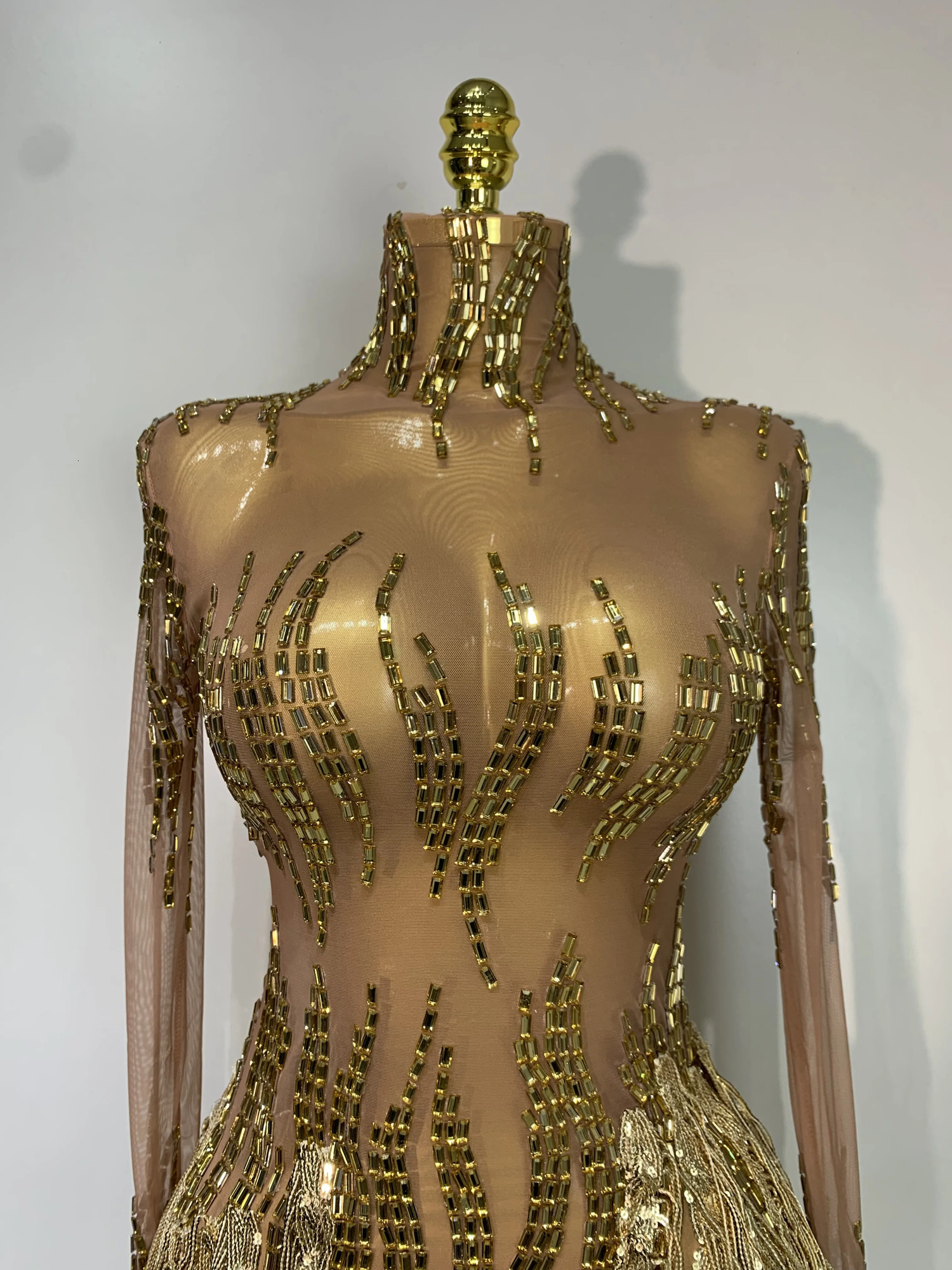 Sexy Stage Costume Sparkly Rhinestone Golden Tassel Mesh Dress Evening Party Birthday Nightclub Bar DJ Dancer Outfit 260420 - view 6