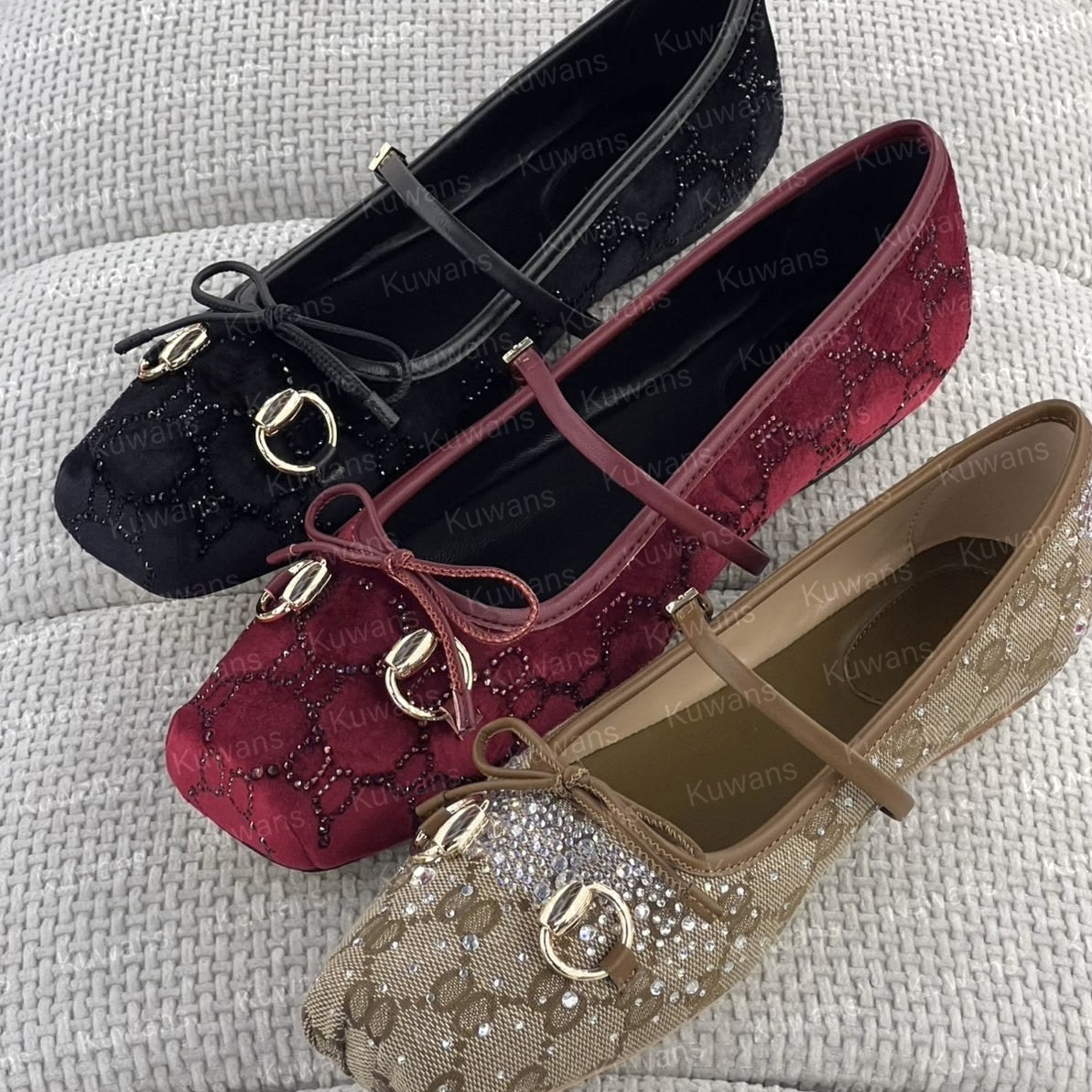 Women Designer Horsebit Ballet Flats Crystals Ballerina Flat Casual Shoes Luxury Summer Fall Canvas Shoe Winter Lady Footwear Size 35-40