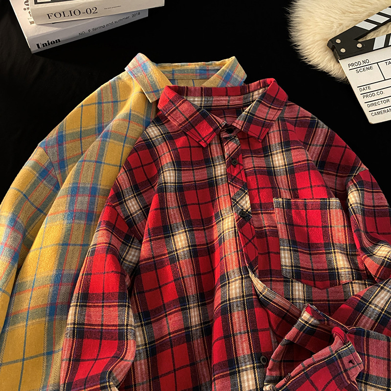 Men's Oversized Plaid Flannel Shirt, Long-Sleeve Casual Shirt Jacket with Flare Sleeves, Lycra Fabric, V-Neck, Covered Buttons, Multicolor Pattern, Ca - view 9