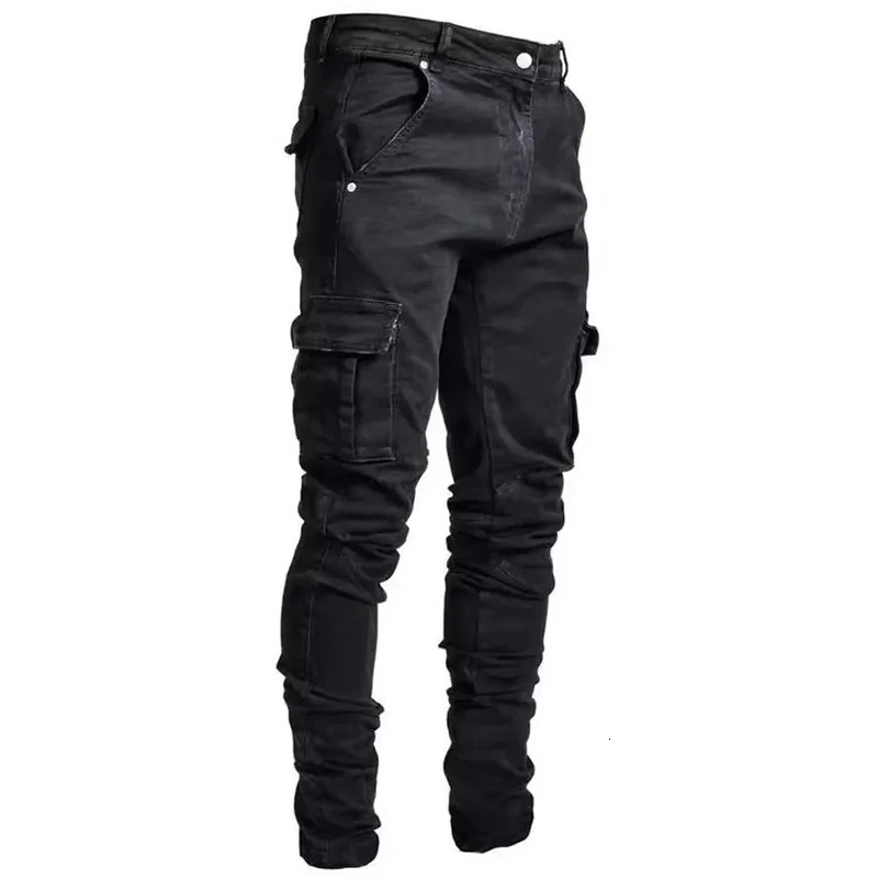 Men Street Elastic Denim Jeans Wash Solid Color Multi Pockets Cargo Pants Casual Slim Fit Daily Wear Joggers Mid Waist Trousers 260422