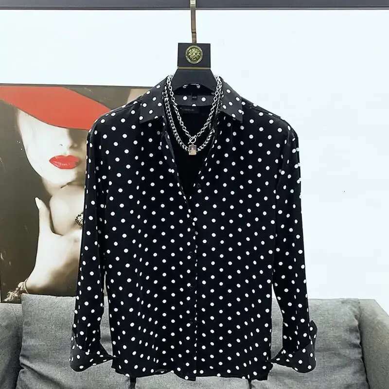 Fashion Men Shirt Polka Dot Print Lapel Long Sleeve Casual Button Business Shirts Streetwear 2024 Handsome Camisas Tops A158 DJ5370