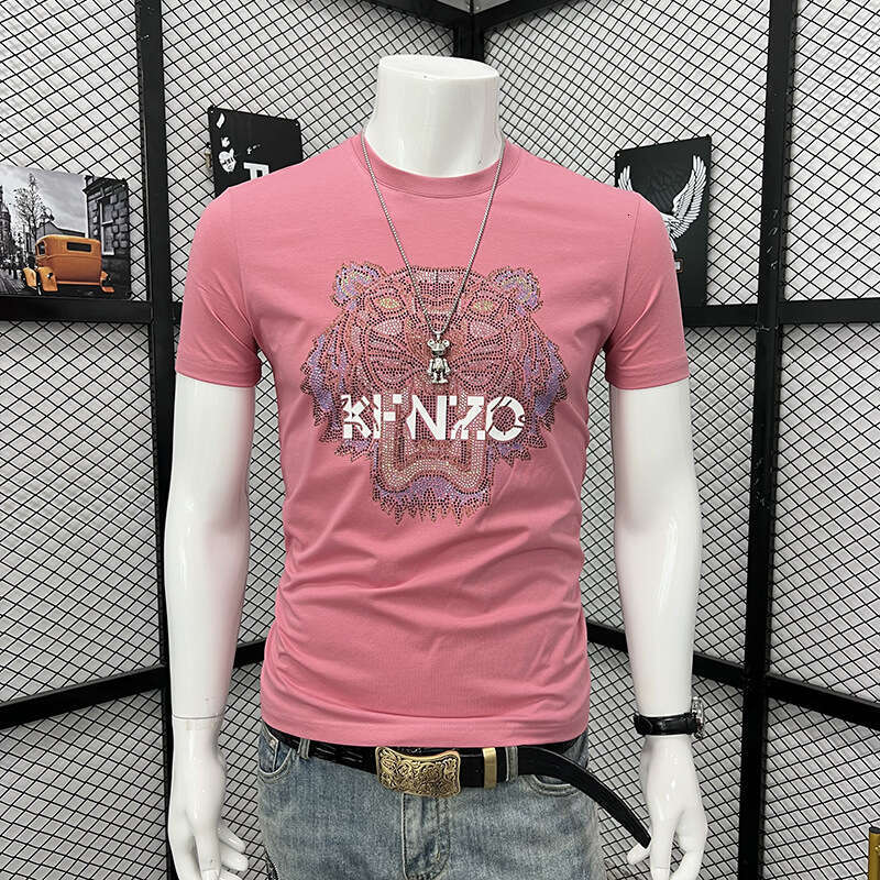 Heavy-Duty Colorful Rhinestone Tiger Head Short-Sleeve T-Shirt, New Summer Product, Personalized, Stylish, Slim-Fit, Round-Neck, Half-Sleeve Top
