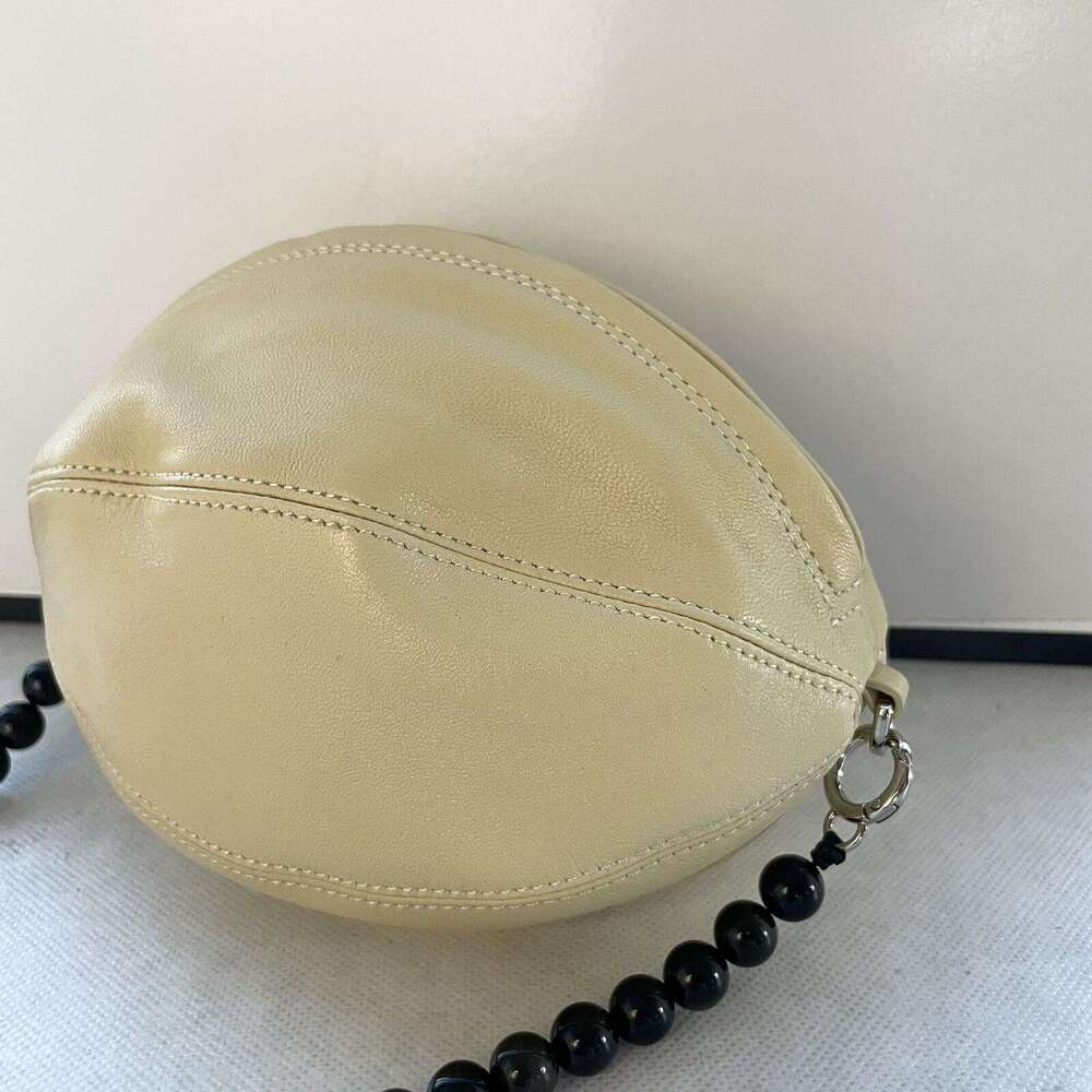 Women Niche Sheepskin Underarm Shoulder Bag, Luxury Beaded Chain Ball Design, Genuine Leather Football Shaped Handbag, Fashion Daily Streetwear Purse 