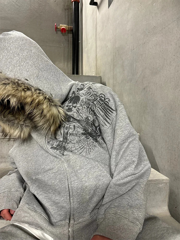 AutumnWinter Y2k Women Aesthetic Harajuku Faux Fur Collar Hoodies Clothes Graphic Hip Hop Punk Gothic Zip Up Hoodies 2026 260423
