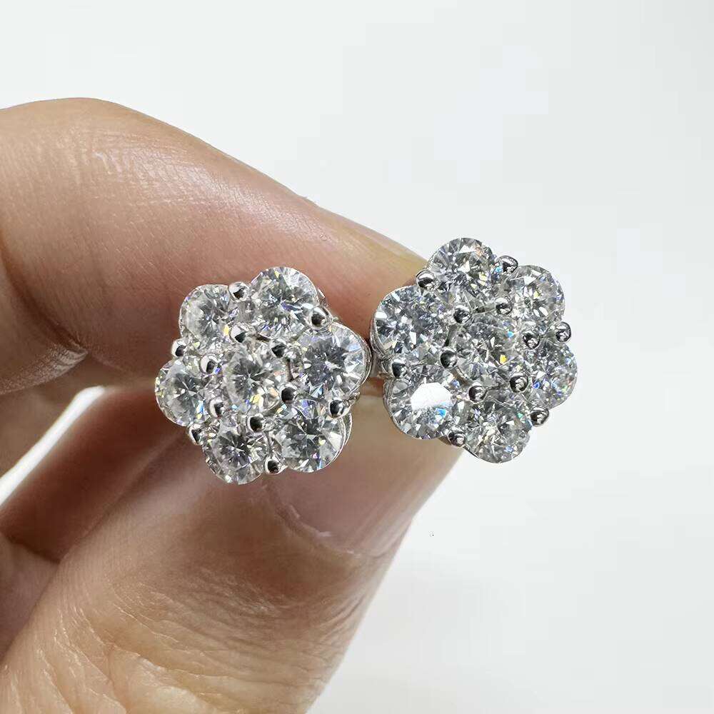 14K White Gold Plated 925 Sterling Silver Women Men Iced Out Round Flower Cluster Hypoallergenic Hip Hop Moissanite Stud Earring