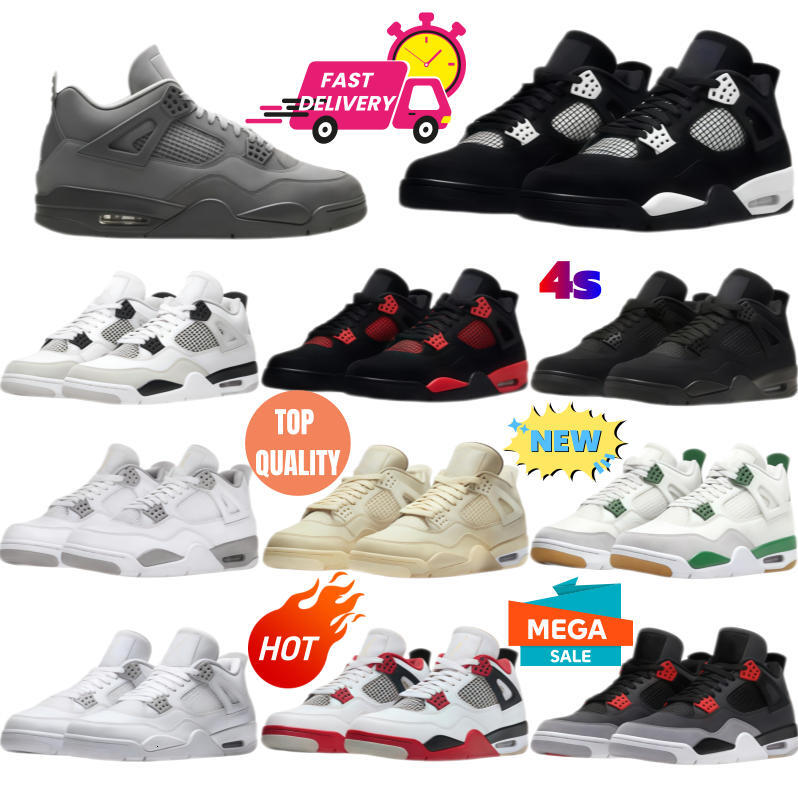 Mens 4 4S Basketball Sports Shoes Trainers Jump J4 Military Black Cat Bred Sail Red Wet Cement Yellow Thunder White Oreo Metallic Gold Women Designer Sport Sneakers