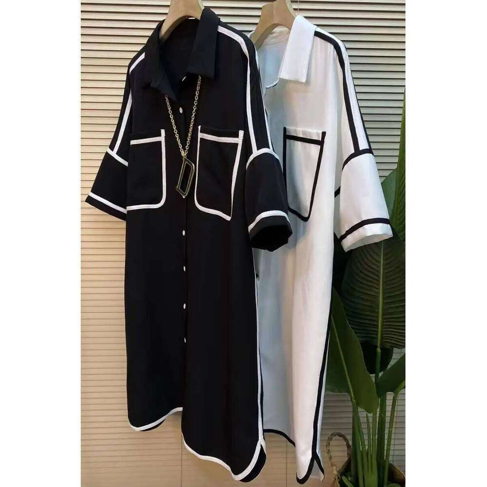 Women Summer Solid Color Mid Length Shirt, Large Size Short Sleeve Double Pocket Design, Korean Style Casual Chic Daily Wear Outer Blouse Top MAKOUFEI