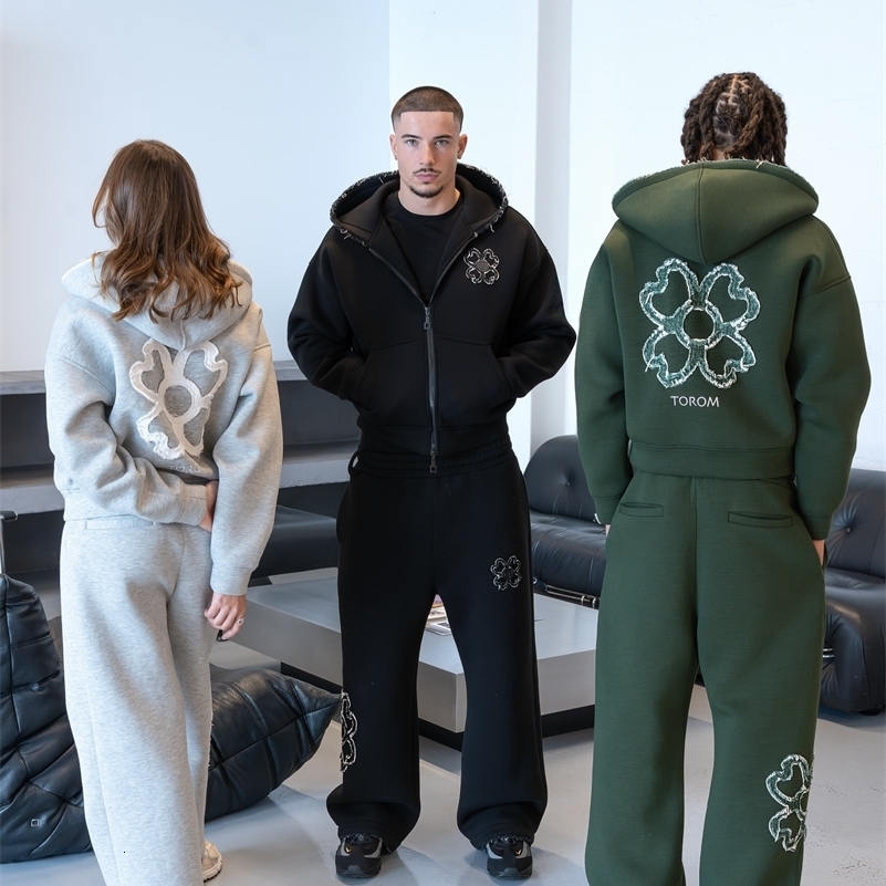 Mens Y2K Oversized Streetwear Tracksuit Set, Acrylic Zip-Up Hoodie with Four-Leaf Clover Graphic, Multi-Color Green and Grey Two-Piece Clover Zip Hood - view 7