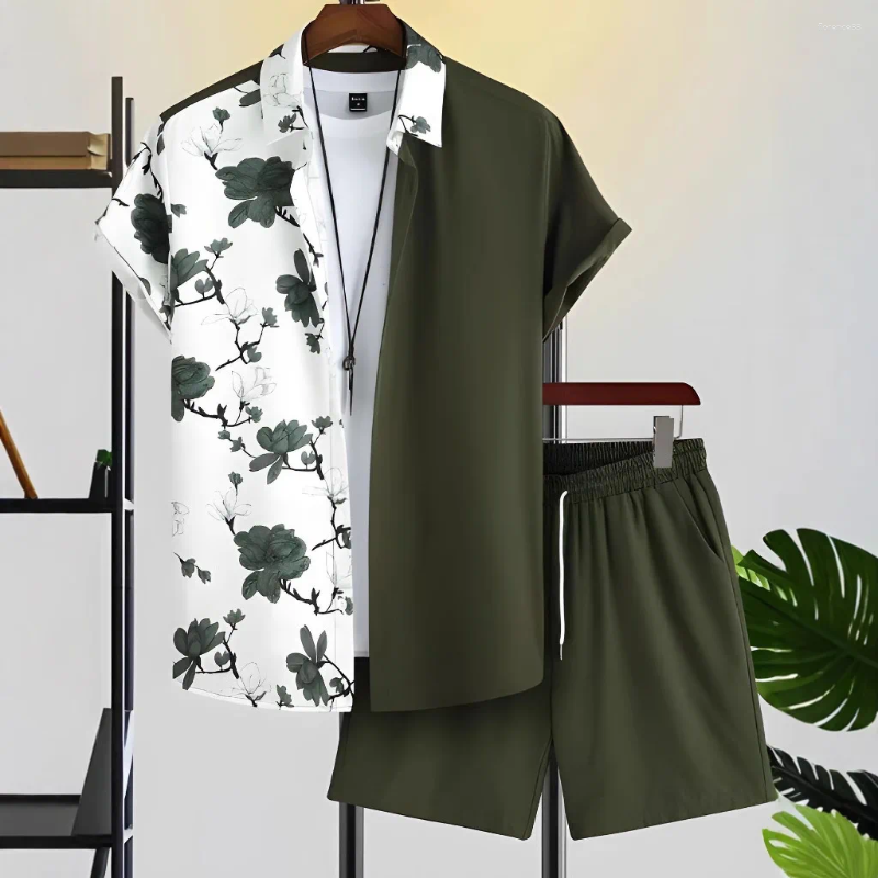 Men's Tracksuits Summer Short-Sleeved Shirt And Shorts Set Cotton-Blend Elastic Clothing