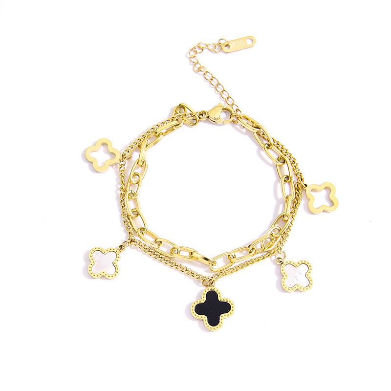Ladies Luxury Designer Four Leaf Clover Double Layer Bracelet 18K Gold Silver Plated Agate Diamond Fashion Charm Chain Wedding Party Original Gift