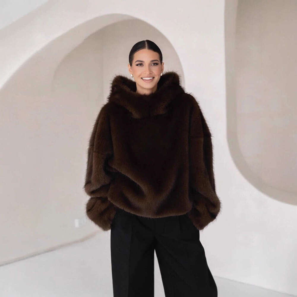 Cross Border European American Women Clothing Winter New Faux Fox Fur Coat, Loose Hooded Plush Outerwear, Warm Luxury Eco Friendly Casual Streetwear T