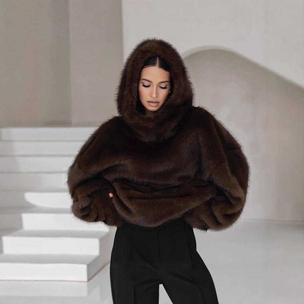 Cross Border European American Women Clothing Winter New Faux Fox Fur Coat, Loose Hooded Plush Outerwear, Warm Luxury Eco Friendly Casual Streetwear T