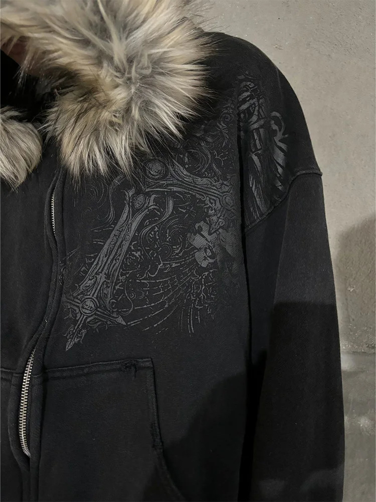 AutumnWinter Y2k Women Aesthetic Harajuku Faux Fur Collar Hoodies Clothes Graphic Hip Hop Punk Gothic Zip Up Hoodies 2026 260423