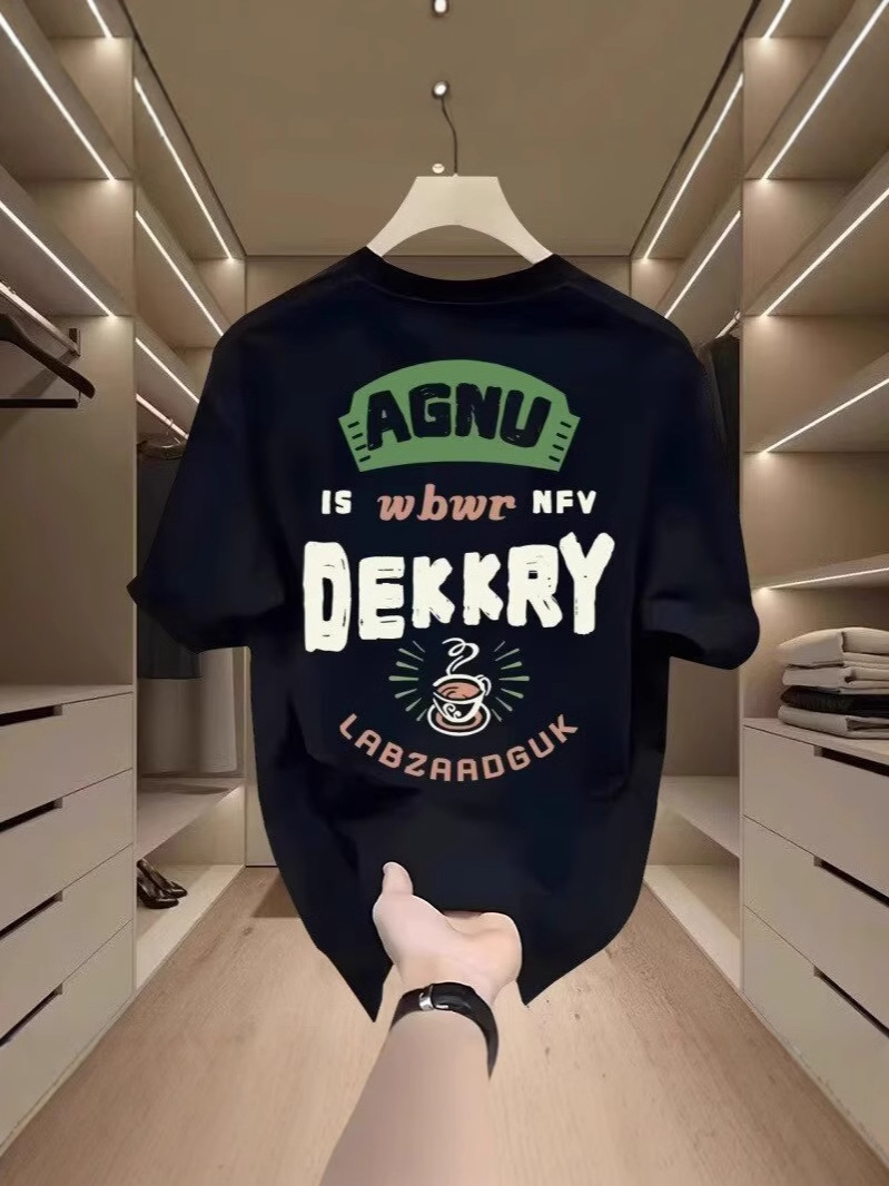 Premium Black Men's Short-Sleeve T-Shirts, 2026 Summer New Arrivals, Letter Print Casual Loose Crew Neck Tops for Men