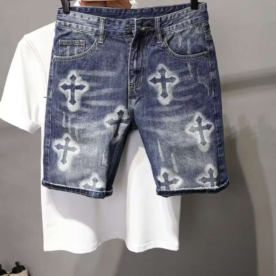 Luxury Brand Designer Clothes European And American Heavy-Duty Vintage Washed Ripped Patched Denim For Men, Summer Loose Straight-Leg Casual Shorts