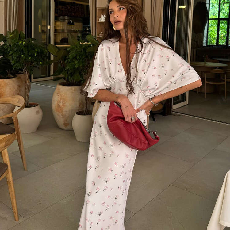 European American Women V Neck Bodycon Dress, Spring Summer New Printed Long Dress, High Waist Short Sleeve, Elegant Casual Streetwear Sundress MAKOUF