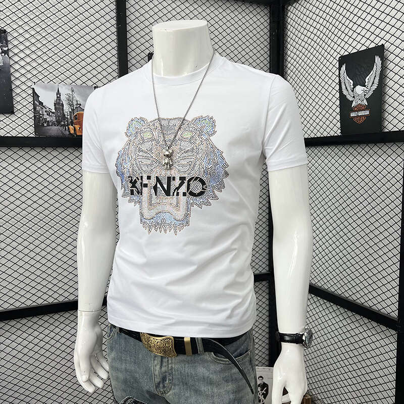 Heavy-Duty Colorful Rhinestone Tiger Head Short-Sleeve T-Shirt, New Summer Product, Personalized, Stylish, Slim-Fit, Round-Neck, Half-Sleeve Top