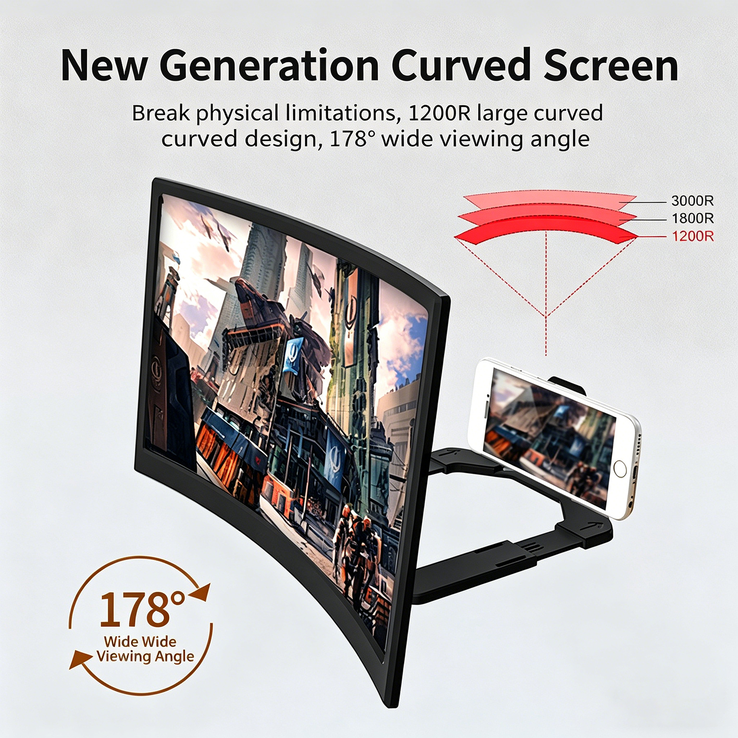 Curved Screen Magnifier for Smartphone, 3D HD Movie Projector with Anti-Blue Light Eye Protection, Foldable Desktop Stand for iPhone/Samsung