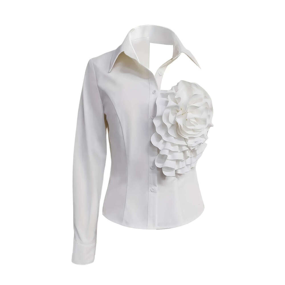 Off Shoulder Exposed Skin White Blouse, 3D Big Flower Decor Shirt Top, Elegant Chic Versatile Casual Party Women Fashion Outfit MAKOUFEI