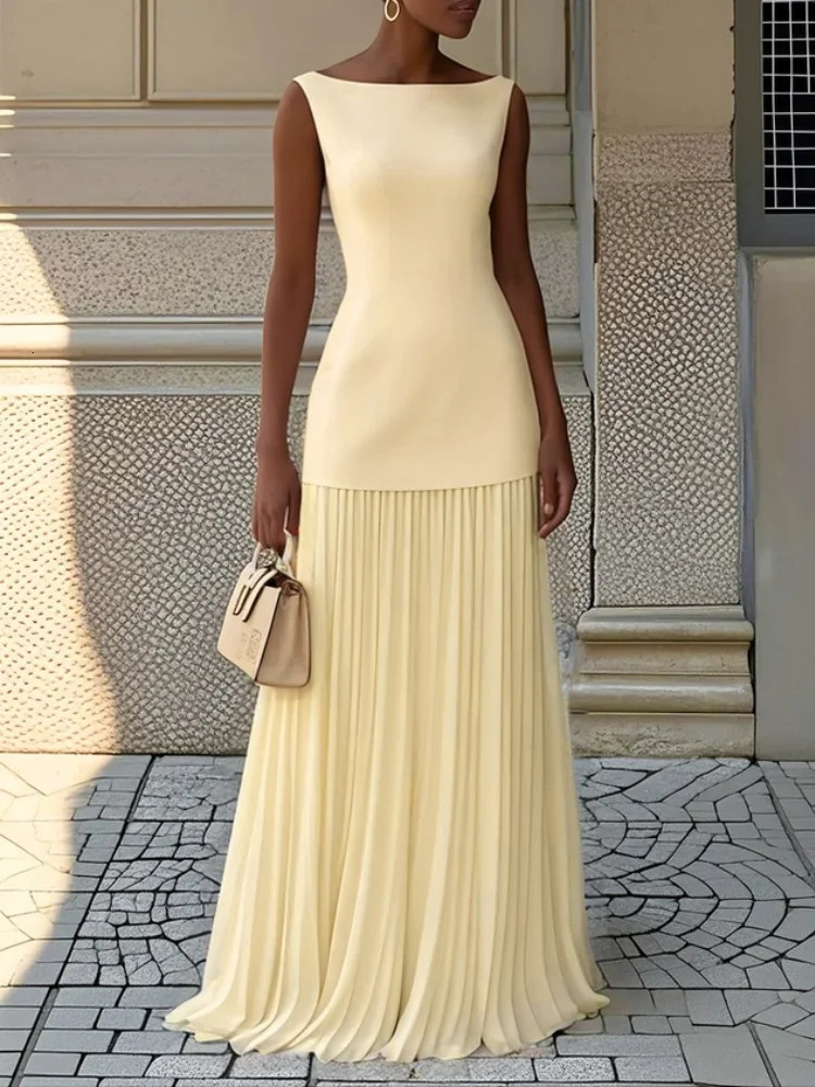 Two-piece Set Women Elegant Solid Splice Pleated Skirts Set Sexy Slash Neck Sleeveless Tank Hollow Slim Maxi Skirts 260420