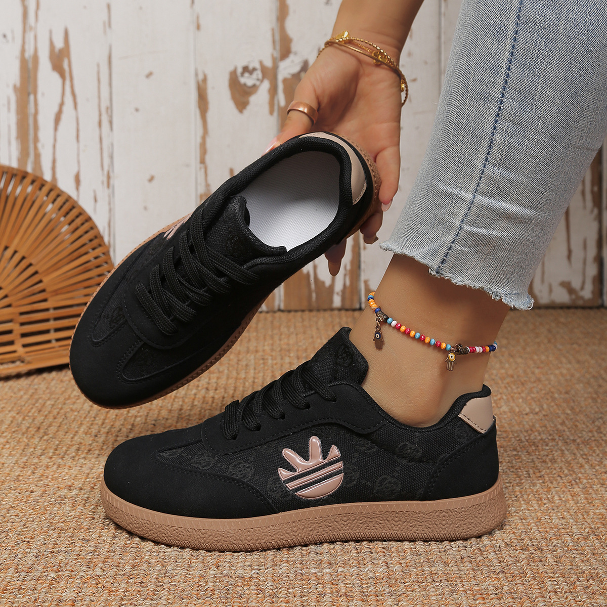 Vintage Monogram Jacquard Suede Skate Shoes, All-match Low Top Street Fashion Flats